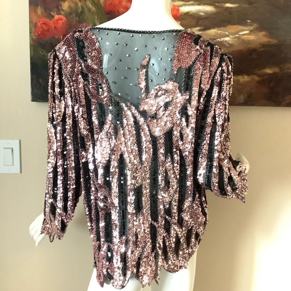 Vintage Sho Max Baby Pink Sequin Top with Rhinestones - Picture 9 of 12